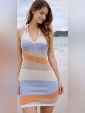 Hollister Sleeveless Stripe Mini Dress in Orange, Gray & Cream
